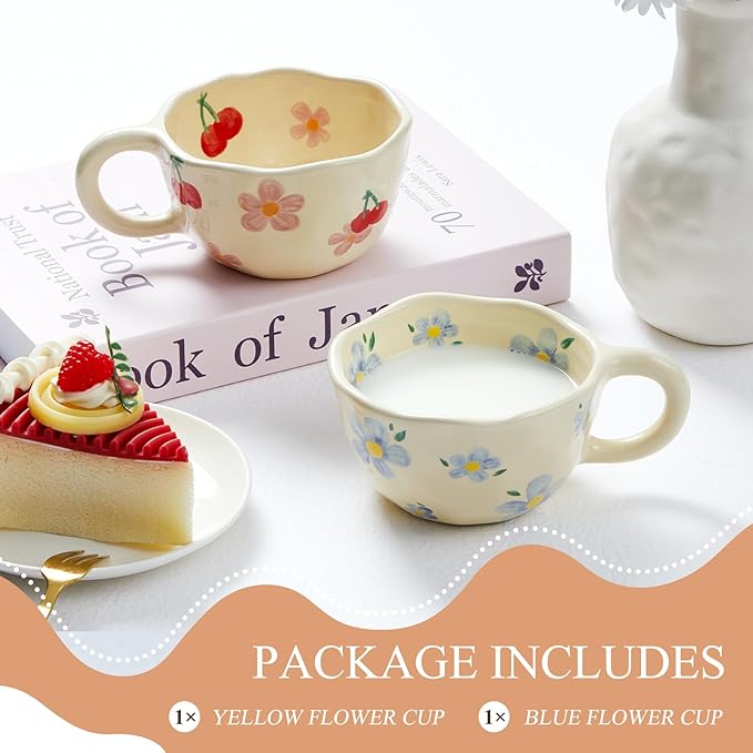 Vesici 2 Pcs Ceramic Coffee Mugs with Spoon, Vintage Floral Spring Mugs with Handle, 8.5 oz Aesthetic Flower Porcelain Tea Cup Set, Dishwasher & Microwave Safe Mothers Day Gifts for Mom(Lovely)
