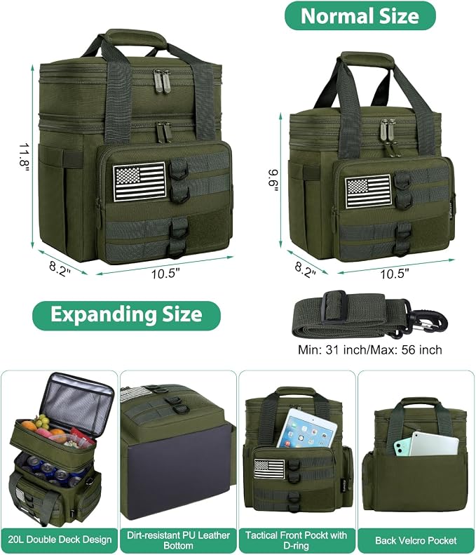 Tactical Lunch Box for Men, Large Insulated Lunch Bag for Adult, Heavy Duty Double Deck Expandable Lunch Cooler Bag with American Flag, Leakproof Soft Lunch Pail for Work Office Camping - Green
