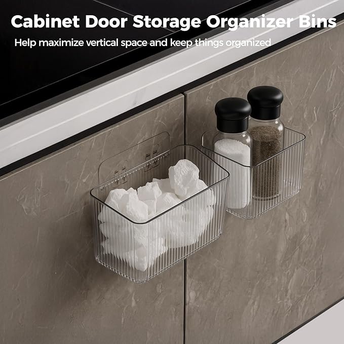 yeesport 8 PCS Cabinet Door Organizer Bins, Clear Plastic Wall Mount Hanging Storage Baskets with Adhesive Hooks, Bathroom Fridge Kitchen Pantry Under Sink Drawer Organizer with Drain Holes