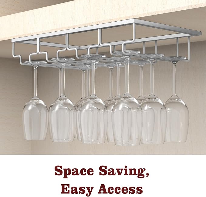 Nuovoware Wine Glass Rack, [2-Pack] Wine Glass Hanger Rack Under Cabinet Stemware Holder Storage Hanger for Bar Kitchen Cabinet (4 Rows), Silver