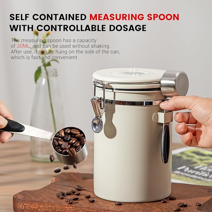 Airtight Coffee Container with Date Tracker & Spoon - Kitchen Storage Jar for Coffee Grounds, Cereal, Beans, Sugar (Black, 24OZ)