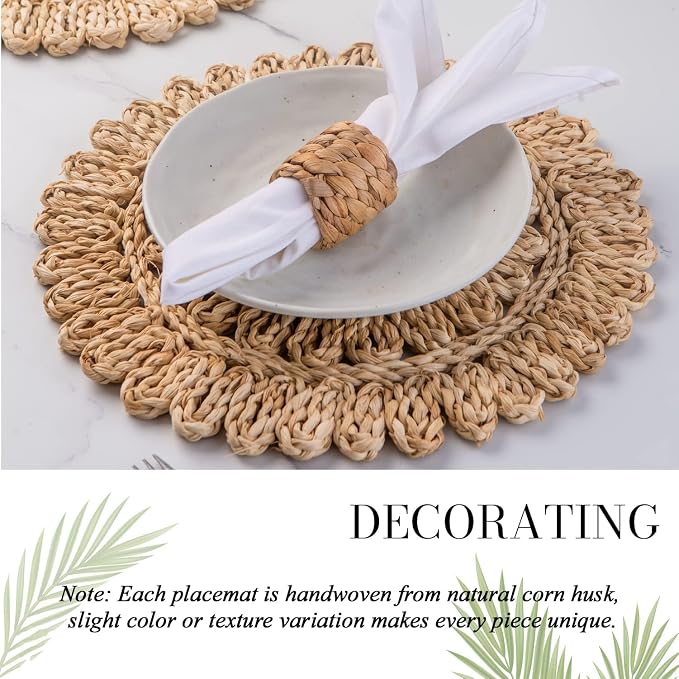 Laquedecraft 15" Set of 4 Round Corn Husk Placemats | Boho Woven Rattan Table Mats | Farmhouse Wicker Spring Plate Chargers Like Water Hyacinth, Seagrass for Wedding, Party, Christmas, Events