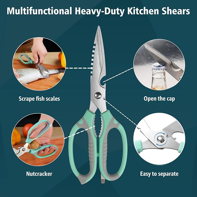 BoFuYuan Kitchen Scissors, 9-Inch Heavy Duty Multipurpose Food Cutting Shears, Detachable Dishwasher Safe, Sharp Serrated Blade, Ergonomic Non-Slip Handle for Food, Meat, Herbs, Green
