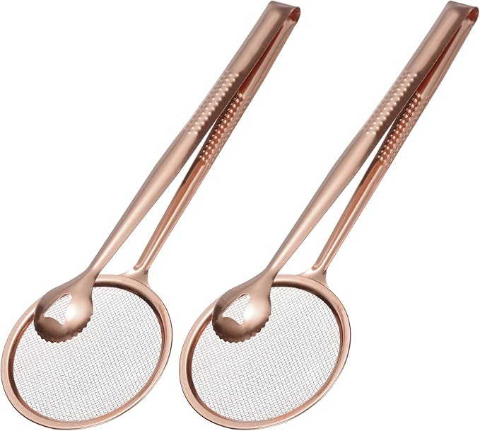uxcell 2Pcs Stainless Steel Strainer Tongs, 11.2" Multi-Functional Food Strainer with Clip Fine Mesh Oil Filter Skimmer Hot Pot Clips for Kitchen Tool Restaurant Frying Cooking, Rose Red