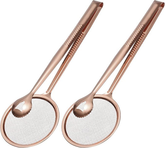 uxcell 2Pcs Stainless Steel Strainer Tongs, 11.2" Multi-Functional Food Strainer with Clip Fine Mesh Oil Filter Skimmer Hot Pot Clips for Kitchen Tool Restaurant Frying Cooking, Rose Red