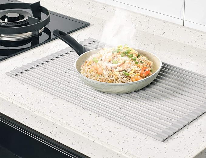 Surpahs 17.5 x 13.1 Inch Roll-Up Dish Drying Rack, Fits Across Sink Openings up to 16.5 Inches, Heavy-Duty Premium Silicone, Strong Support, Non-Slip, Heat-Resistant, Warm Gray
