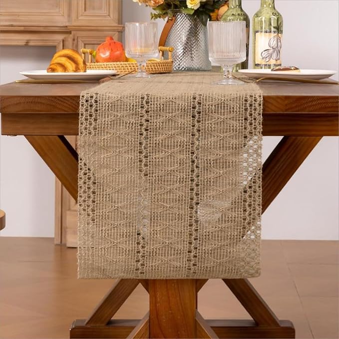 Niviy Burlap Boho Table Runner for Spring Home Decor 108 Inches Long, Modern Farmhouse Decor Rustic Macrame Woven Coffee Table Runners for Summer Dining Table Decoration, Burlap Brown