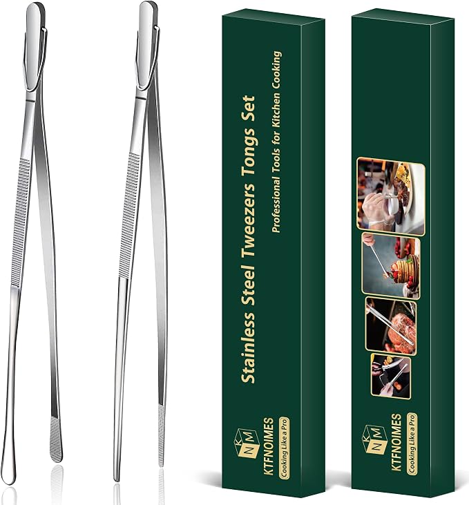 2 Pcs 12-Inch Cooking Tweezers Fine Tweezer Tongs, Extra-Long Stainless Steel Kitchen Tweezers, for Grilling, Serving, and Food Preparation,Silver