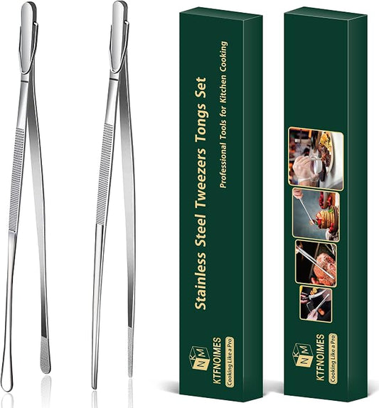 2 Pcs 12-Inch Cooking Tweezers Fine Tweezer Tongs, Extra-Long Stainless Steel Kitchen Tweezers, for Grilling, Serving, and Food Preparation,Silver