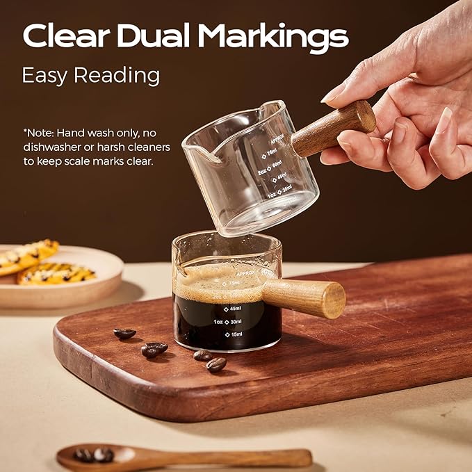 YARRAMATE 2.5 oz/75ML Espresso Shots Cup with Wooden Handle, Clear Glass Demitasse Cup with Dual Scale Markings for Coffee Extraction (1 Pack, Double Spout)