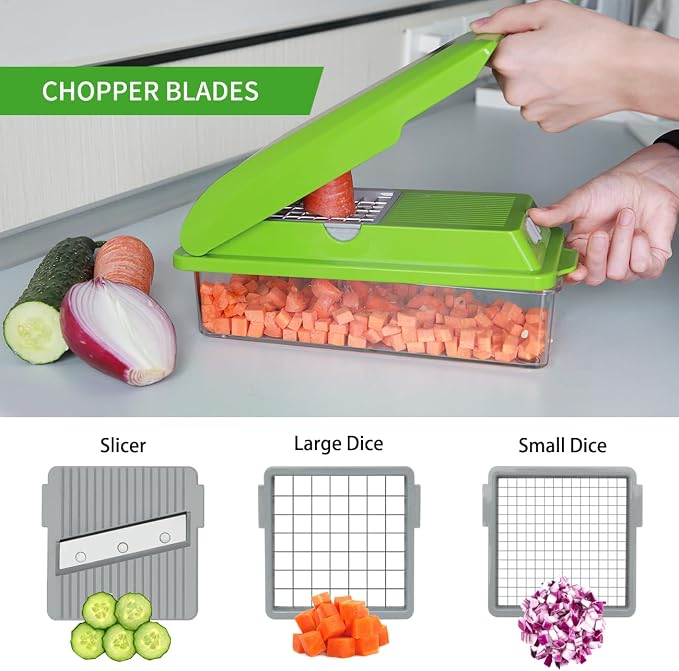 LHS Professional Multifunctional Vegetable Chopper Pro Food Chopper with Food Storage Containers, Mandoline Slicer Onion Dicer Fruit Cutter, Kitchen Gadgets and Home Essentials(5 in 1, Green)