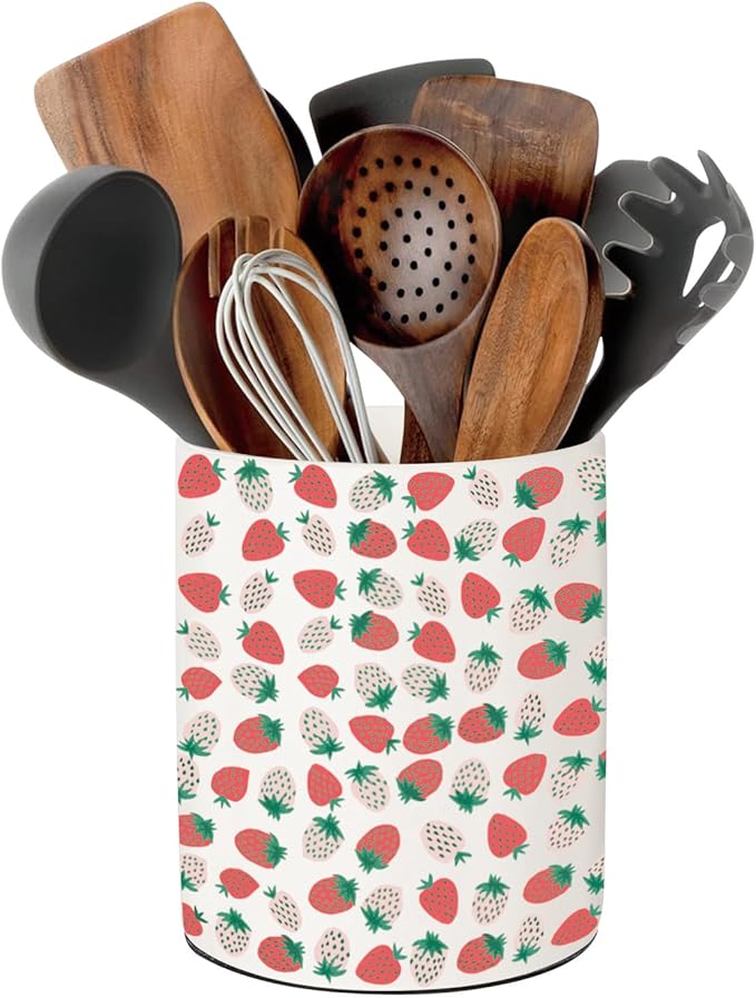 Strawberry Kitchen Decor, Ceramic Utensil Holder Strawberry Decor, 6.5 Inch Farmhouse Indoor Kitchen Decorative Utensil Rack For Spoon Storage And Cooking Tools