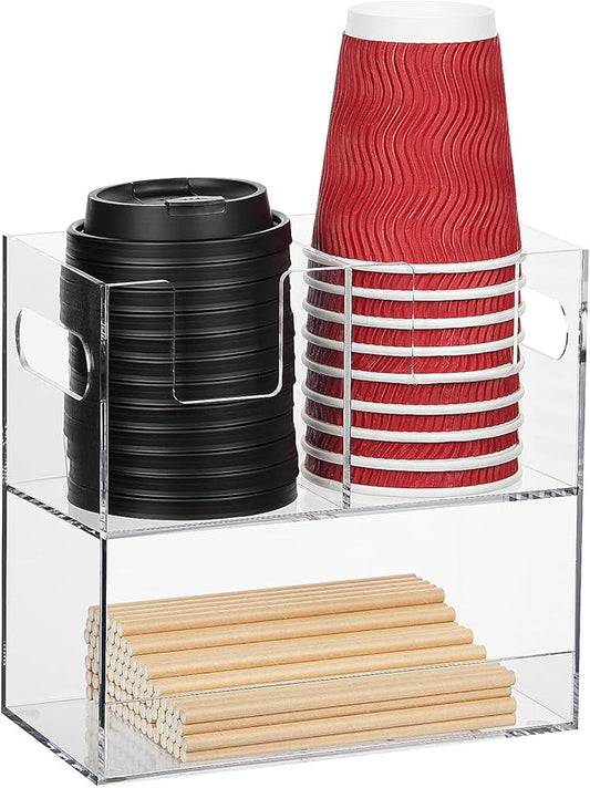 MYITYARD Cup Storage Organizer, Coffee Station Caddy, Clear Acrylic Cup and Lid Holder, Coffee Condiment Bar Accessories for Pods, Sugar, Creamer, Syrup, 3 Compartments, 8.3 x 4.3 x 7.9 Inches