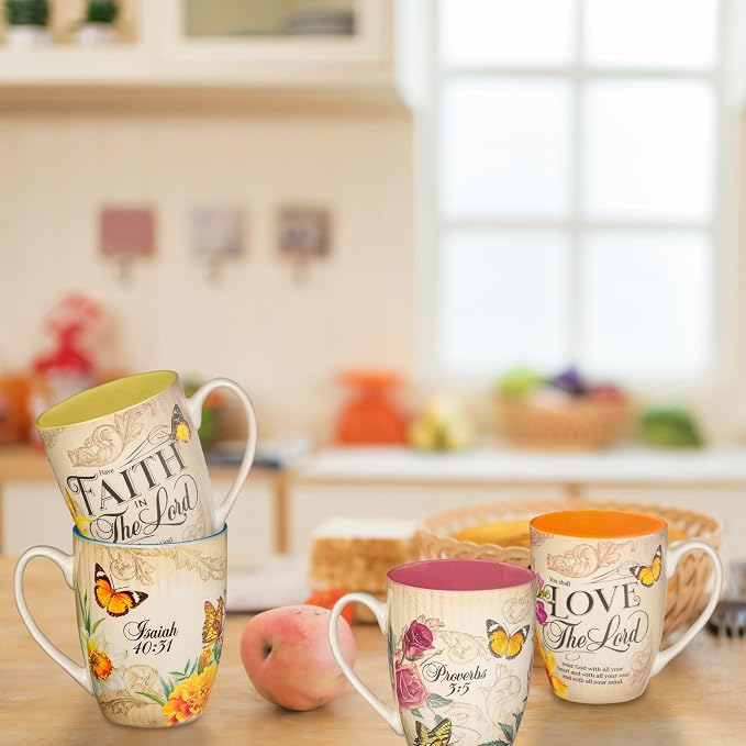 Christian Art Gifts Novelty Floral Ceramic Scripture Coffee & Tea Mug Set: Hope, Trust, Faith, Love - 4 Fancy Medium 12 oz. Cups w/Butterflies & Bible Verses, Multicolor Blue/Pink/Green/Orange Floral