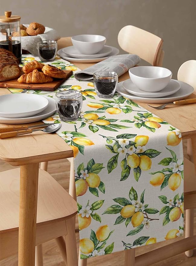 Spring Yellow Lemon Table Runner 72 Inch Long Dresser Scarves Summer Lemons Floral Cotton Linen Tablerunners Italian Farmhouse Dining Kitchen Burlap Table Setting Decor for Party Holiday Home, 14"x72"