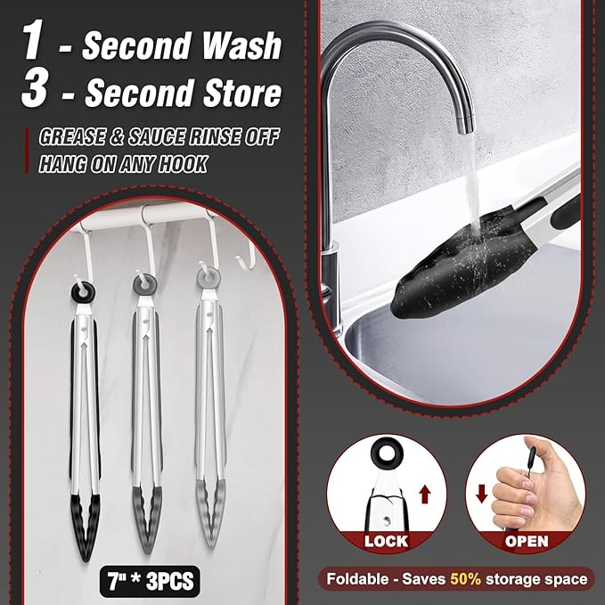 Walfos Small Silicone Tongs for Cooking- 7 inch Mini Kitchen Tongs with Silicone Tips, Great for Cooking, Turning, Serving, Food tongs Set of 3
