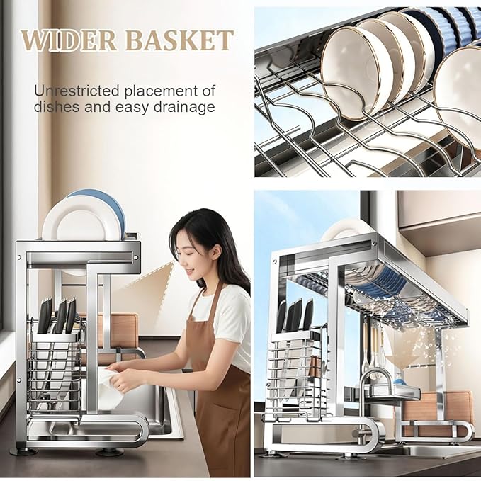 304 Stainless Steel Over The Sink Dish Drying Rack, 1/2 Tier Multifunctional Countertop Dish Storage Rack Sink for Countertop Storage(Double Layer,76cm/29.9in)