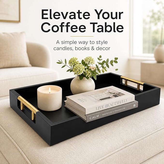 Luxury Black Ottoman Tray with Gold Handles – 12x17 Large Decorative Serving Tray for Coffee Table, Couch, Breakfast in Bed & Home Décor – Modern Wood Display Tray