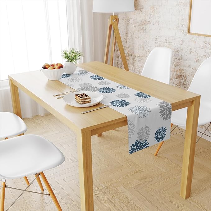 Snycler 13x48 Inch Table Runner Blue Grey Dahlia Pinnata Flower Table Runners Modern Elegant Pompon Farmhouse Geometric Table Center White Linen Decor for Home Dining Party Entrance