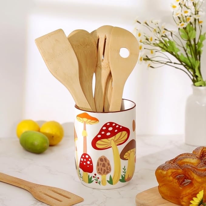 Nefelibata Mushroom Ceramic Utensil Holder Rustic Functional Utensil Crock Kitchen Storage Decor Perfect for Storing Cooking Tools and Cutlery Keep Organized Large Crock for Countertops
