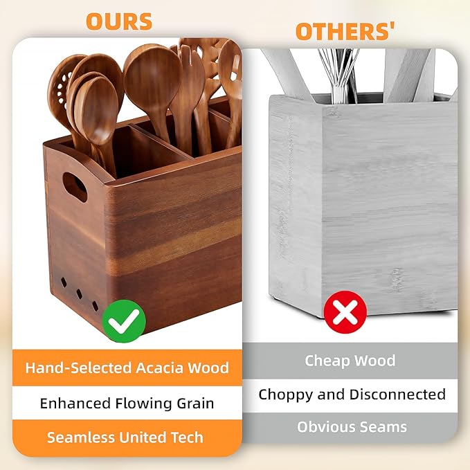 Natural Acacia Wood Utensil Holder for Kitchen Counter (Large), 3 Compartment with Removable Dividers 11.7"x7.1"x4.5", Large Cooking Utensil Organizer - Anti-Scratch Bottom