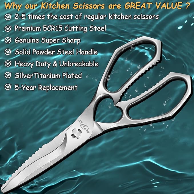 SUCCFLY Premium Kitchen Shears Heavy Duty, Kitchen Scissors for Food, 8.8 Inch Ultra Sharp Meat Scissors Detachable Blade, Silver Titanium Plated Poultry Shears, Anti-Slip Cooking Scissor All Purpose