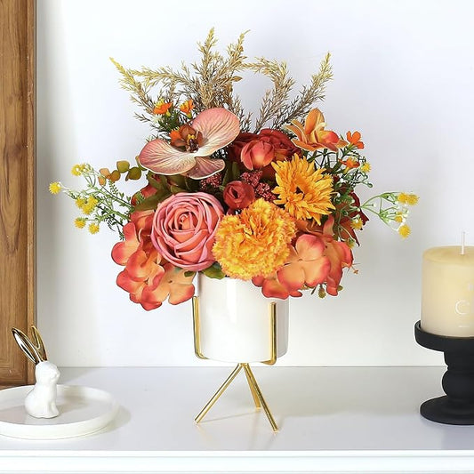 Artificial Flower Arrangement with Ceramic Vase and Gold Metal Stand, Orange and Terracotta Mixed Seasonal Flowers, 12x9 Inches, Silk, Dining Room Centerpiece