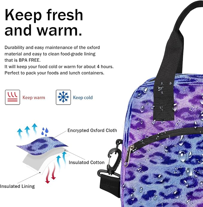 Leopard Purple Insulated Lunch Bags for Women Girls Adult Ethnic Reusable Lunch Tote Therma Cooler Bag with Shoulder Strap Lunch Box for School Work Office Picnic Meal Prep Bag
