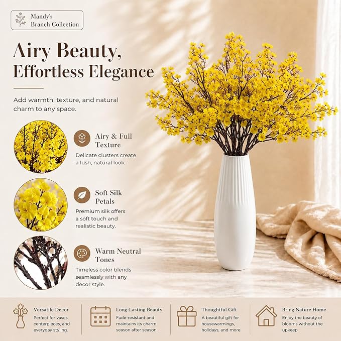 Mandy's Yellow Artificial Baby’s Breath Flowers 6 Bundles Silk Gypsophila, 18.5 Inch European Style Modern Home Decor Centerpiece, Neutral Wedding Flower Arrangements