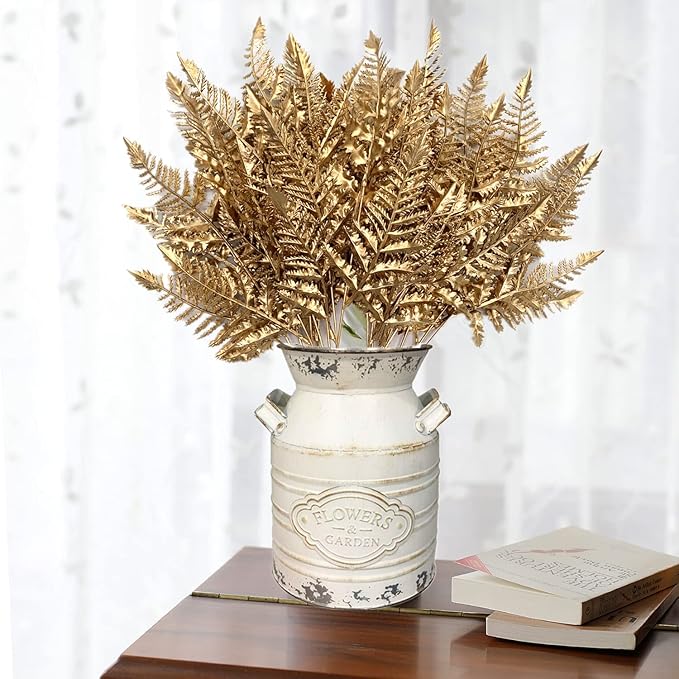 CATTREE Artificial Plants Christmas Decoration, Plastic Golden Boston Plant Fake Simulation Fern Leaves for Wedding Bridal Bouquet Party Indoor DIY Home Office Table Centerpieces Decor - Gold 4 Pack