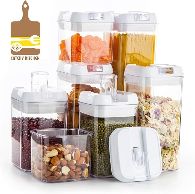 Airtight Food Storage Container Set, 7 Pieces Clear plastic cereal Canisters, easy lock Lids, kitchen pantry organization and storage, BPA free plastic, Included 24 labels & Marker