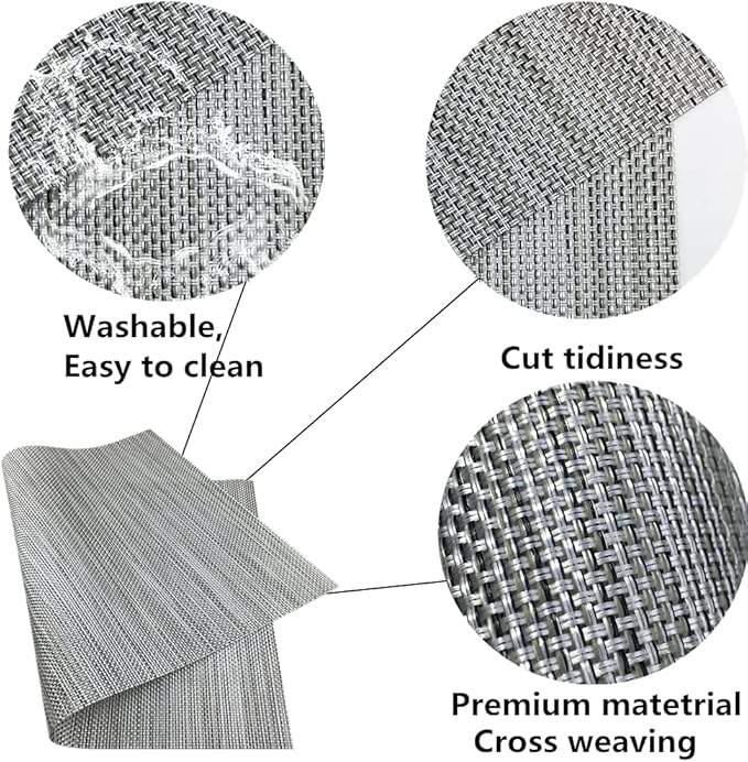WAZAIGUR Placemats,Easy to Clean Crisscross Woven Vinyl Place Mats Durable Non-Slip Heat Resistant Table Mats,Placemats for Kitchen Table Set of 4,Silver and Black