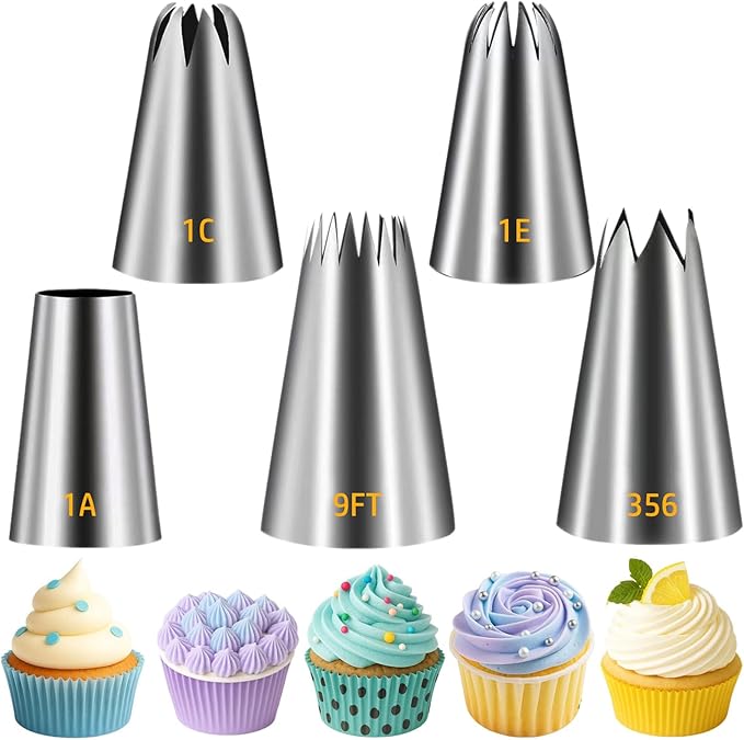 Suuker Large Piping Tips Set, Seamless Stainless Steel Cake Decorating Tips, 5 Pieces Frosting Icing Tips for Cake Decorating, Cupcakes, Cookie (1A 1E 1C 9FT 356)