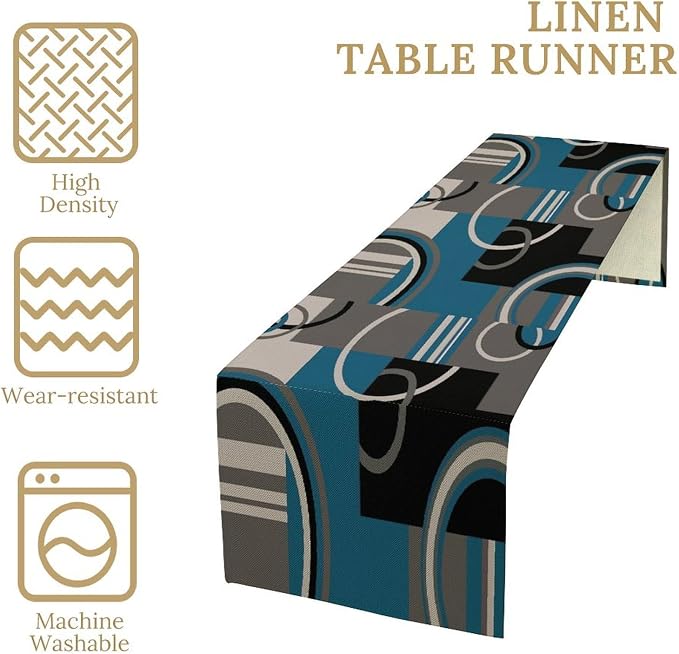 Modern Geometric Table Runner Abstract Teal Black Gray White Minimalist Contemporary Geometry Circle Swirls Dinner Runner for Kitchen Dining Holiday Party Decor 13x60in
