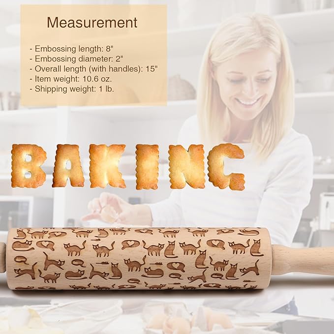 Embossed Rolling Pin for Baking Cookies Embossing Rolling Pins with Design Wooden Engraved Springerle Roller Pin Dough Animal Patterned Clay Pottery Ceramic Stamp Gifts Bakers Women (Cat & Heart)