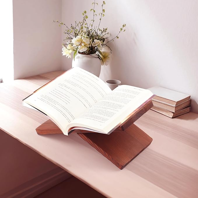Wood Book Stand for Reading - Book Display Stand, Cook Book Stand, Textbook Stand, Recipe Book Holder Stand, Open Book Holder (Black) (Redwood)