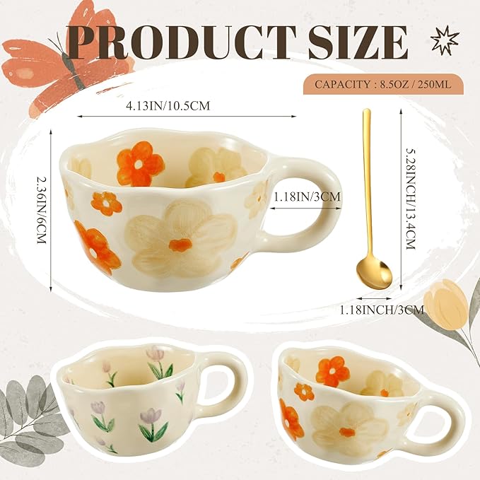 Vesici 2 Pcs Ceramic Coffee Mugs with Spoon, Vintage Floral Spring Mugs with Handle, 8.5 oz Aesthetic Flower Porcelain Tea Cup Set, Dishwasher & Microwave Safe Mothers Day Gifts for Mom(Charming)