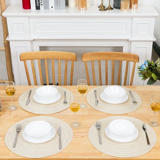 Winknowl Round Braided Placemats Set of 4 Washable Woven Heat Resistant Table Mats for Kitchen Dining Tables 15 inch Round Place Mats (Ivory,4)