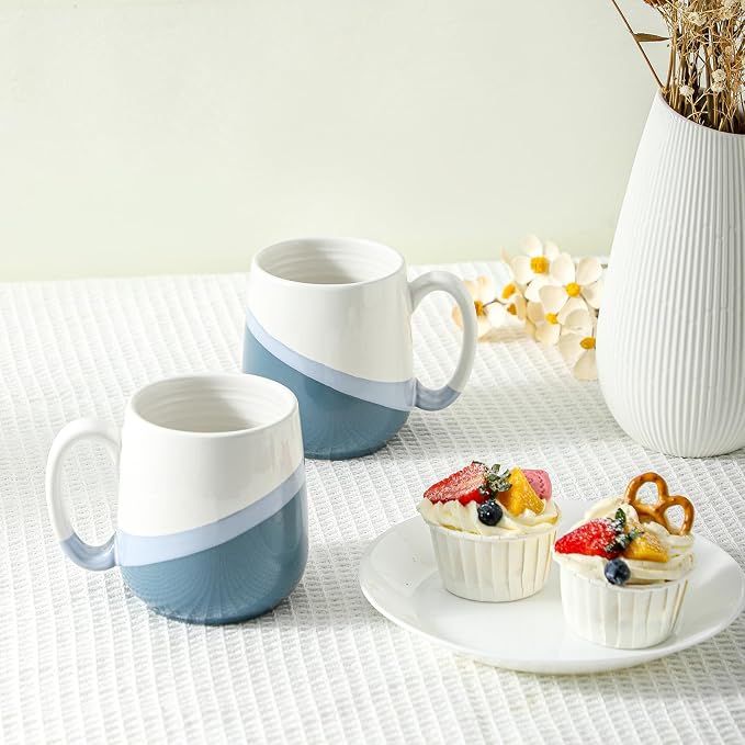 Coffee Mugs Set of 4,Ceramic 15 OZ Coffee Cups with Big Handle,Large Tea Cups for Hot Beverages,Yogurt, Cappuccino,Latte,Gift for Mom and Dad,Dishwasher Safe&Microwave Safe,White & Blue