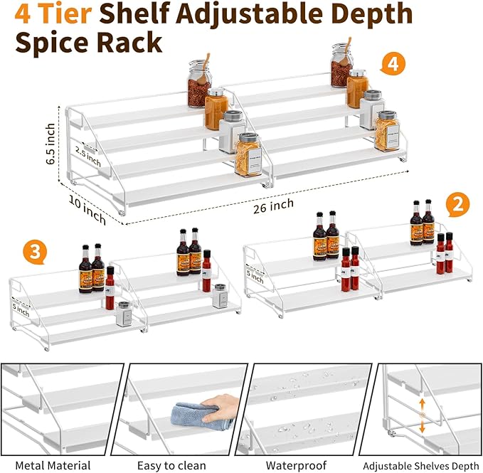 BOIVSHI Spice Organization for Cabinet, Spice Rack Organizer, Spice Rack Organizer for Cabinet, Depth Adjustable Seasoning Organzier Organizer for Cabinet, Countertop, Pantry, Metal, White (2 Pack)