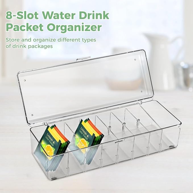 Clear Tea Bag Holder with Lid, 8-Slot Tea Bag Organizer, Drink Packet Holder, Pantry Storage Divider Container with Label Stickers Zip Ties, Clear Beverage Bag Storage Bin for Kitchens Office
