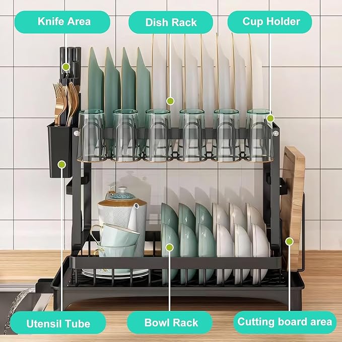 2 Tier Dish Drying Rack, Small Dish Rack for Kitchen Counter, Detachable Capacity Dish Drainer Organizer with Cutlery & Cup Holder (Black)