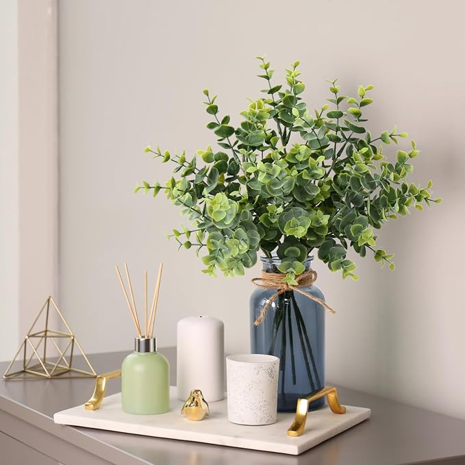 Leftover 8 PCS Faux Eucalyptus Stems in Black Glass Vase,Fake Plants Greenery Stems for Centerpiece Table Decorations,Fake Plants for Black Bathroom Decor(Sage Green)