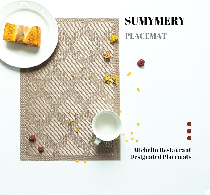 Placemats Set of 12 Vinyl/Plastic Woven Place Mats for Kitchen Table Indoor/Outdoor Washable Placemat Wipeable Dining Table Mats (Dark Brown Clover,12)