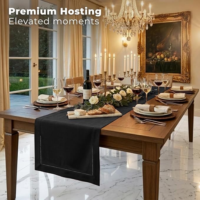 Signature Linen™ by D'Moksha Black Table Runner 36 Inches, 100% Pure Linen, Hemstitch, Coffee Table Runner, 14 x 36 Inch for Dresser Tables- Summer, Father's Day