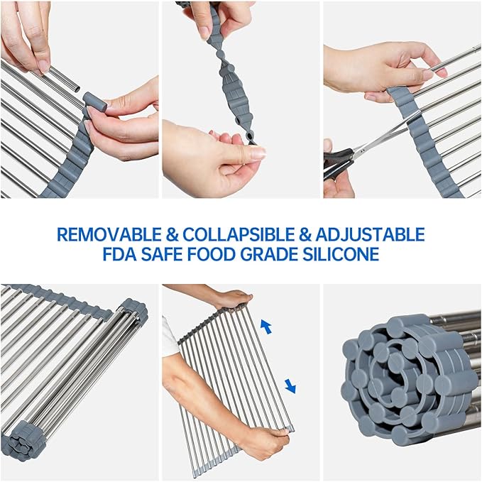 CHIRISEN Expandable Large Roll Up Dish Drying Rack 18 Tube 21.25x12.79''Collapsible Over The Sink Rack Non-Slip Silicone Rolling Dish Drainer Stainless Steel Roll Rack for Kitchen Sink Counter (Gray)