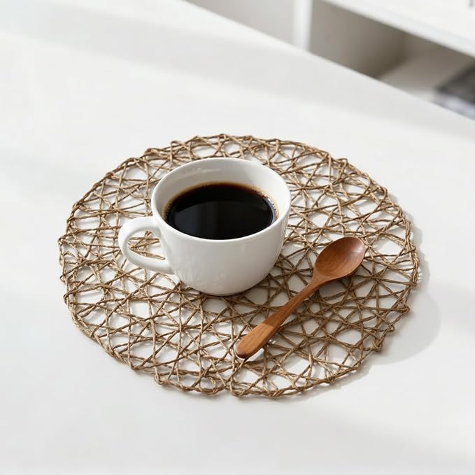 comfoyar Round Paper Braided Placemats Set of 12, 13 Inch Non-Slip Light Brown Hand Woven Place Mats, Natural Table Mats for Indoor Outdoor Kitchen Dining Party Table Decoration