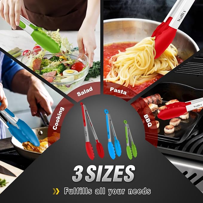 Walfos Silicone Tongs for Cooking - Heat Resistant kitchen tongs for Salad,Cooking, Grilling,Stainless Steel and BPA Free Silicone Tips set of 3 (7" 9" and 12 inch) (Pack of 2)