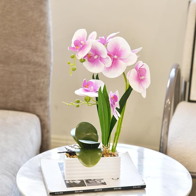 Artificial Real Touch Orchid Flowers in Pot Fake Phalaenopsis Flower with White Ceramic Vase Faux Orchids Arrangement for Home Table Office Wedding Party Decoration (Light Purple)
