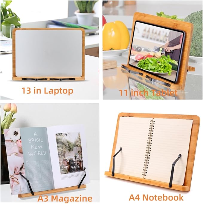 MEGREZ Book Stand for Reading (13.2 x 9.4 inch) Bamboo Cookbook Stand Holder for Kitchen, Adjustable Book Holder Stand for Tablet/Textbook Holder/Hollow Bookrest Stand, Butterflies